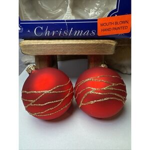 2 VTG Mouth Blown Hand Painted Matte Red Glass w Gold Glitter 3.5" Christmas Orn